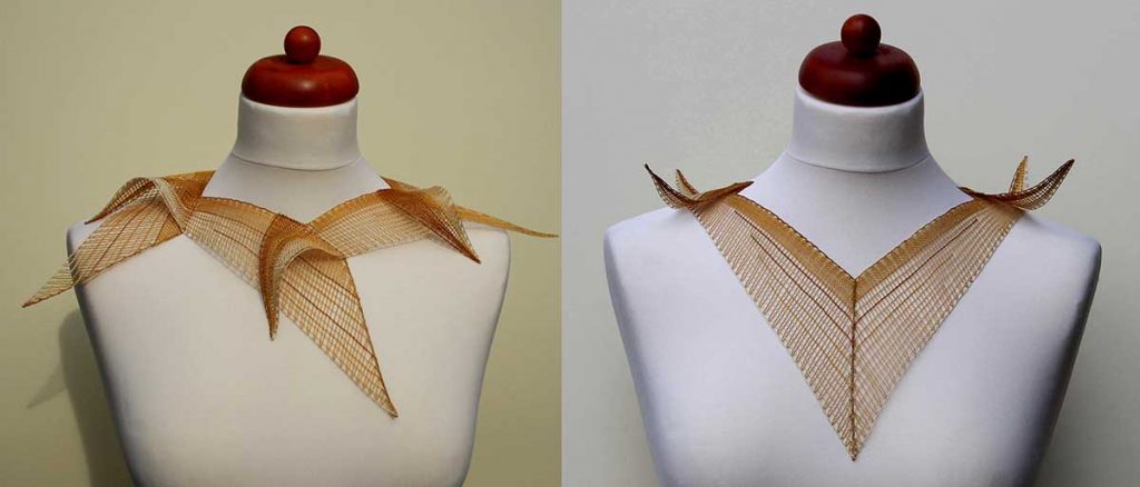 Letní variace, souprava šperků, hedvábí, dracoun, drát, 50×40 cm, paličkování, 2012 