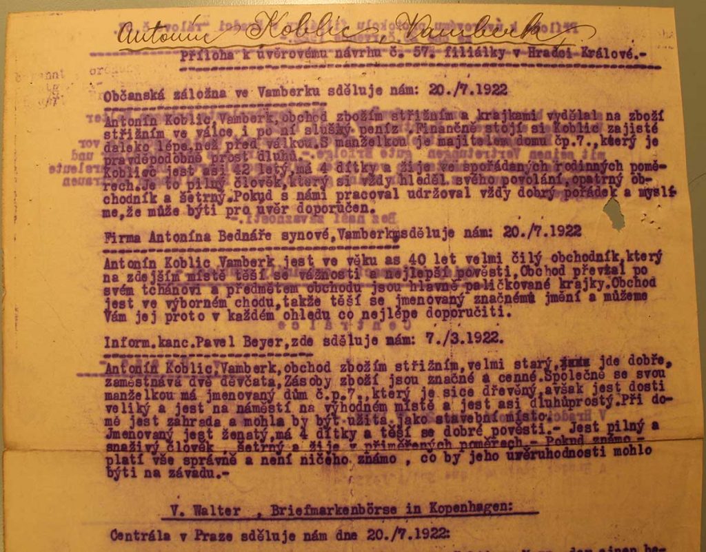 Příloha k úvěrovému návrhu Antonína Koblice z roku 1922