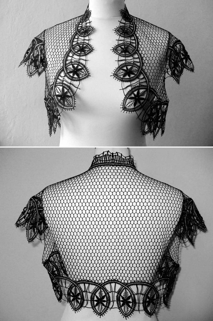 Bolerko, hedvábí, lacetka – kovové vlákno, paličkovaná krajka, 2007