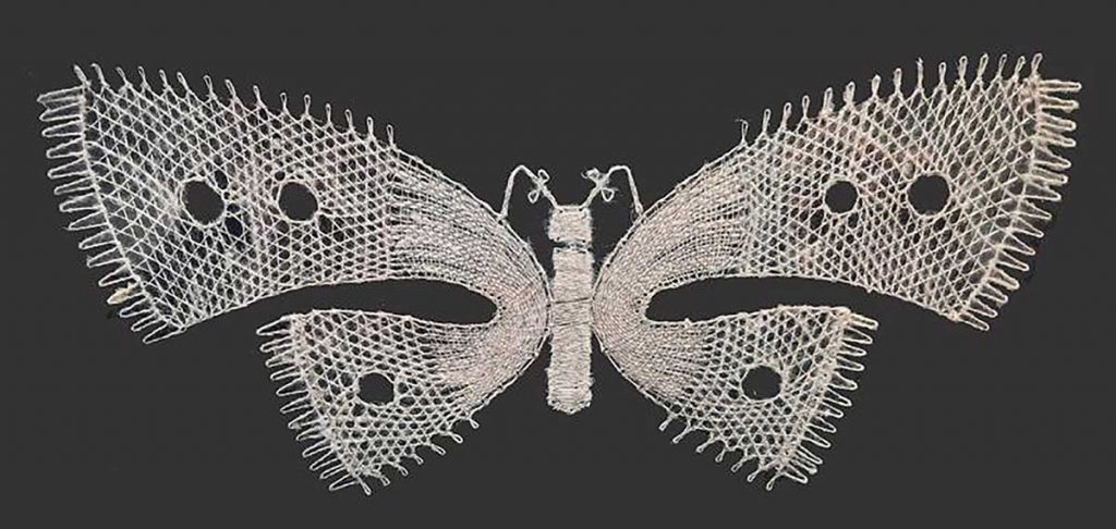 Motýl, obrazová paličkovaná krajky,  70.-90. léta 20. stol.