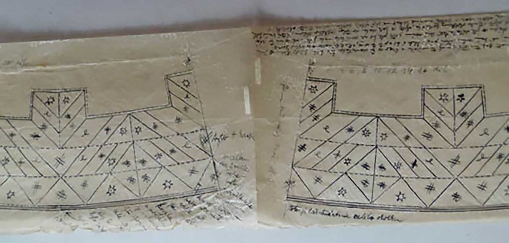 Z návrhů lemu velkého kruhového ubrusu Marie Sedláčková-Serbouskové,  připraveno k realizaci  Annou Sokolovou, výkresy sloužily jako podvinky, jsou propíchány, 1932–33