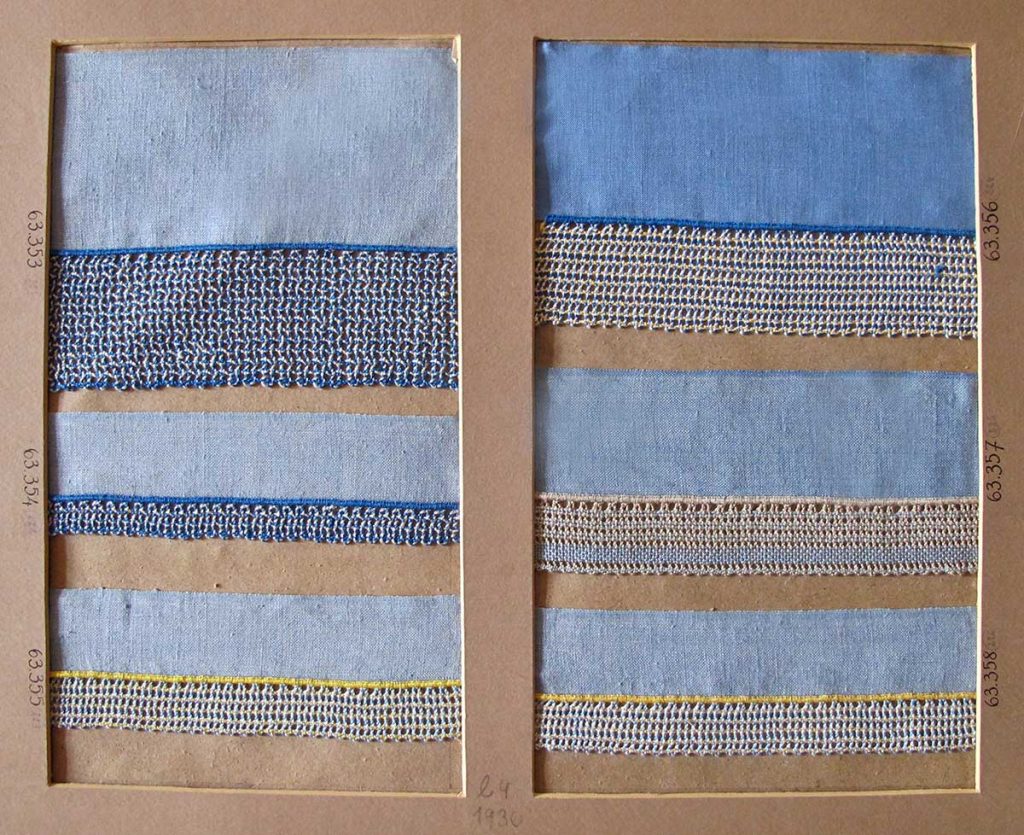 Vzorník barevných krajek, paličkovaná krajka, první polovina 30. let 20. století.