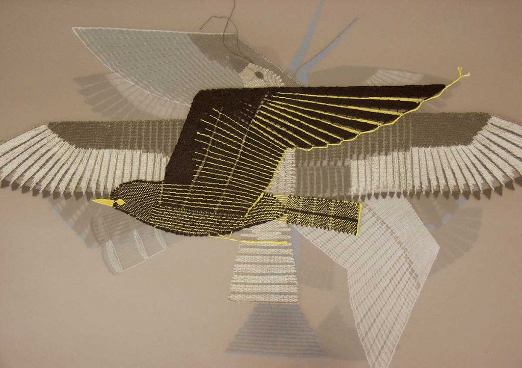 Atlas ptáků, len a fólie, 86x62 cm, paličkovaná krajka, 2006