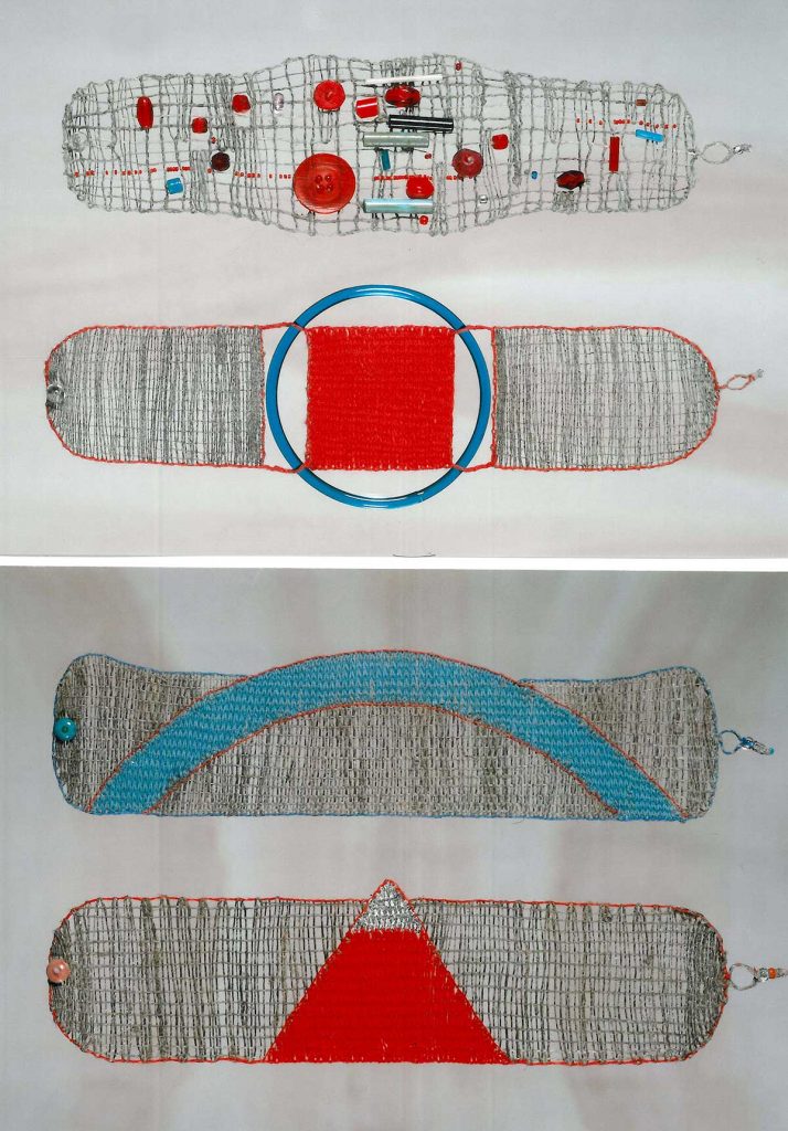 Náramky, len, bavlna, sklo, hedvábí, kov, paličkovaná krajka, datace od shora dolů: 1983, 1982, 1987, 1990
