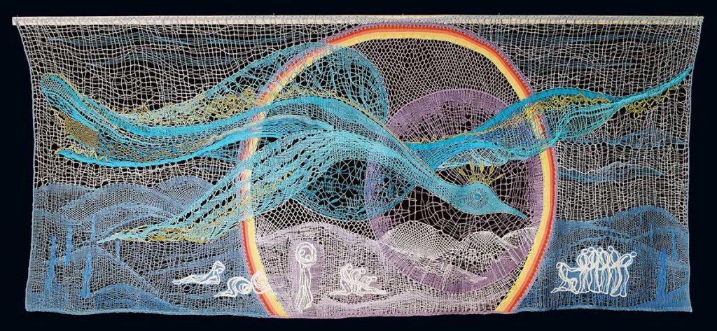 Pták Ohnivák, len, leonské předivo, dracoun, 150×350 cm, paličkovaná krajka, 1981–1982