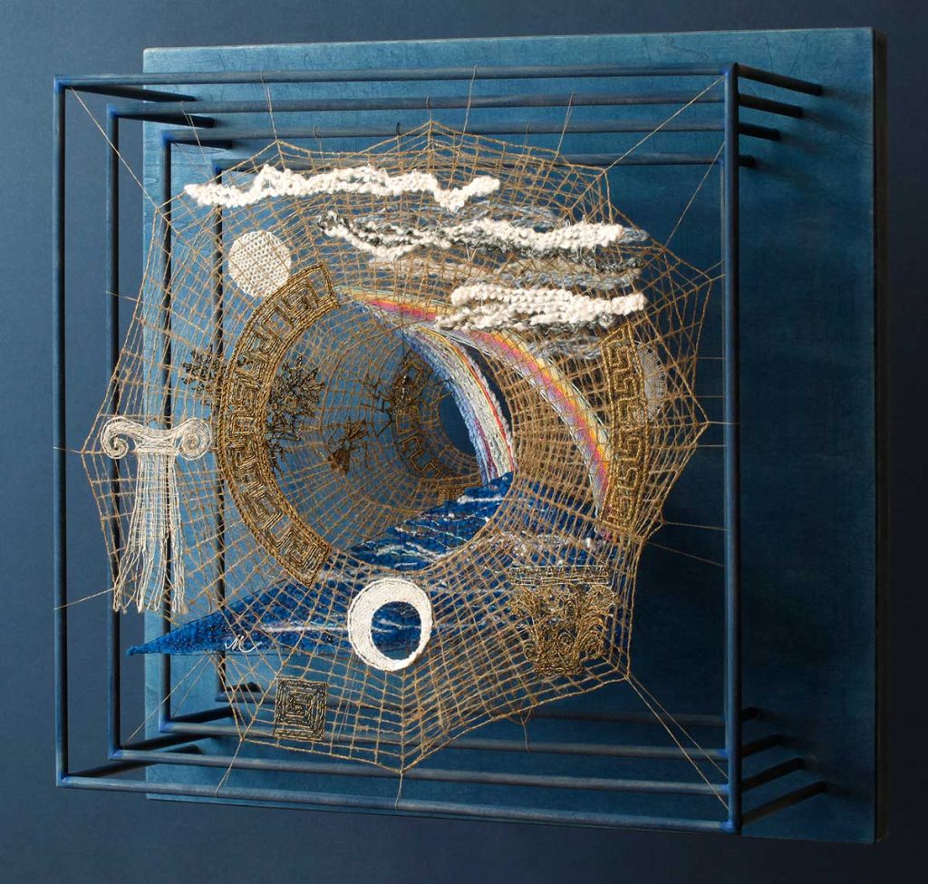 Arachné, len, 80×80×20 cm, paličkovaná krajka, 2010