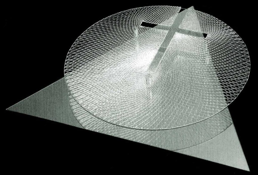 Alfa a Omega, kovová niť, sklo, zrcadlo, 40×35×6cm, paličkovaná krajka, 2000