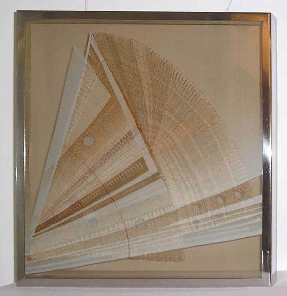 Lastura, len a sklo, 45×40 cm, paličkovaná krajka, 1993