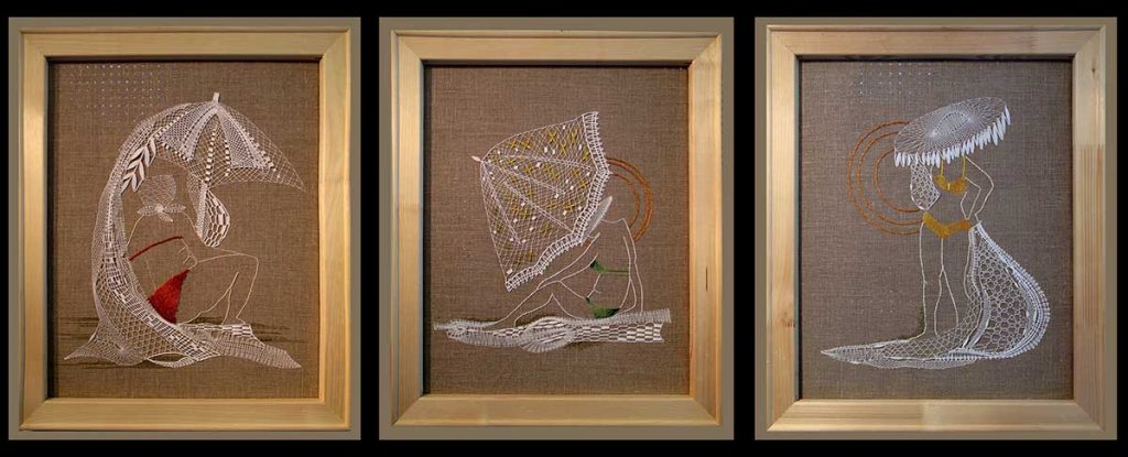 Odpočinek, paličkovaná krajka doplněná výšivkou, 2012