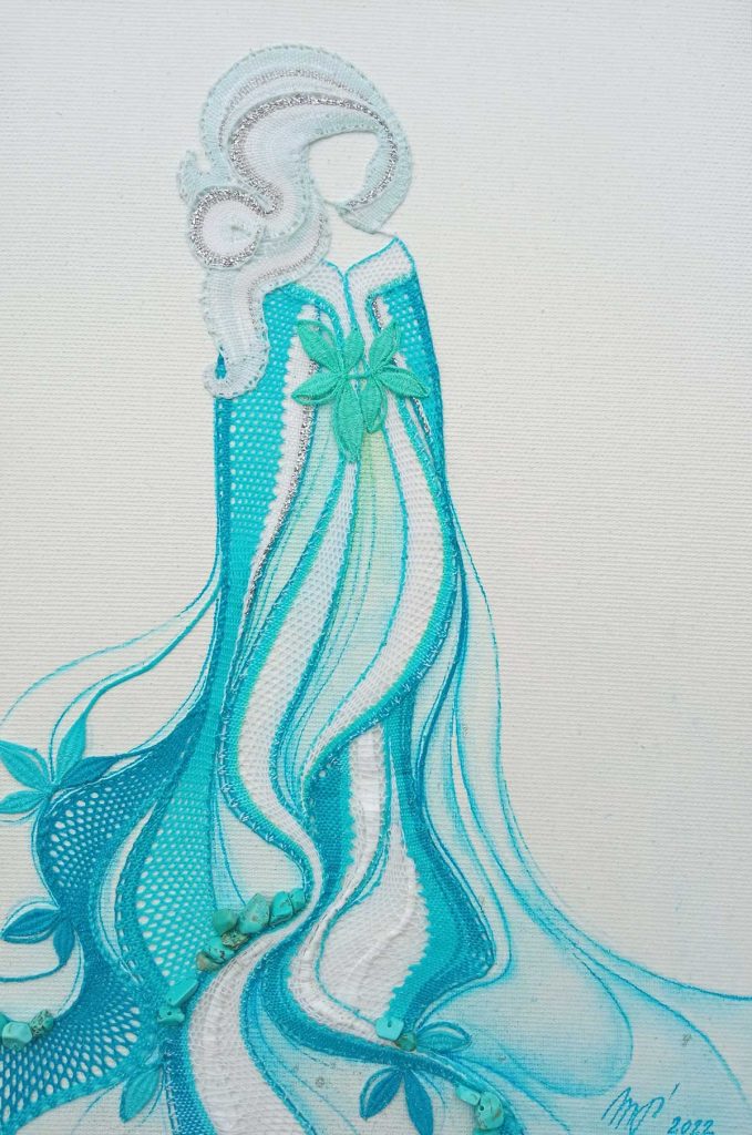 Vodní víla, 20×30 cm, malba akrylem a paličkovaná krajka, polodrahokamy, 2022