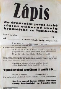 Zápis do první c. k. české odborné školy krajkářské ve Vamberku