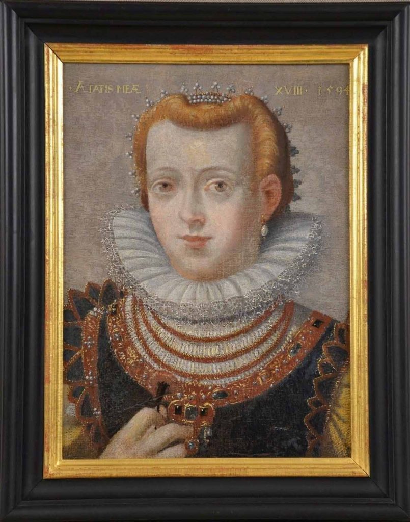 Portrét ženy od neznámého autora z roku 1594 ze státního hradu Rožmberk.